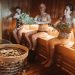 Group of people enjoying a traditional Nordic sauna with natural sauna whisking.
